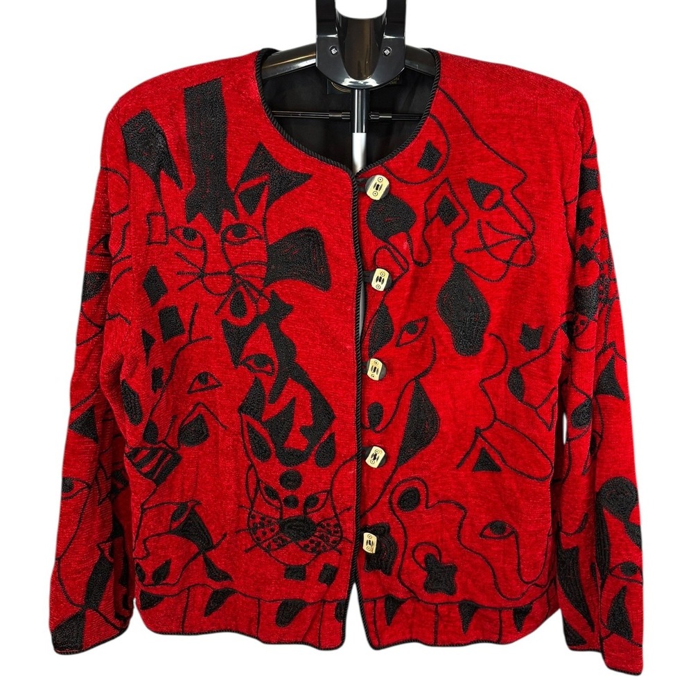 Allure Vintage Red Black Embroidered Cat Animal Art to Wear Jacket Womens XL
